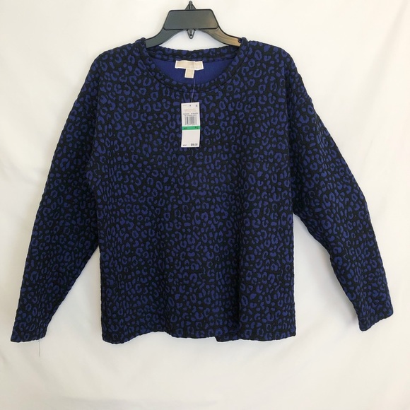 Michael Kors Leopard Print Long Sleeve Knit Top Navy Blue Women Petite Large NEW - Picture 2 of 5